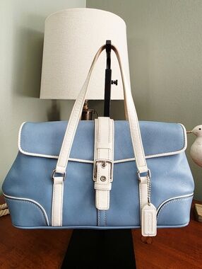 Coach 9267 Hamptons Flap Satchel Blue White Leather Bag Y2K Vintage